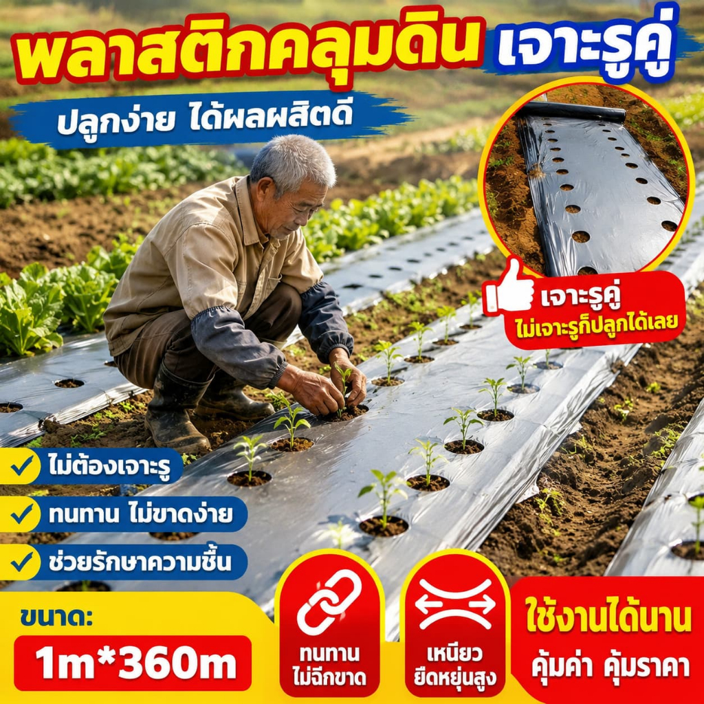 ทนทานและยืดหยุ่นสูง🌱พลาสติกคลุมดิน 1ม.x400หลา(360ม) เจาะรูเดี่ยว 2แถว ผ้ายางคลุมดิน ผ้ายางคลุมวัชพืช ผ้ายางคลุมแปลงผัก