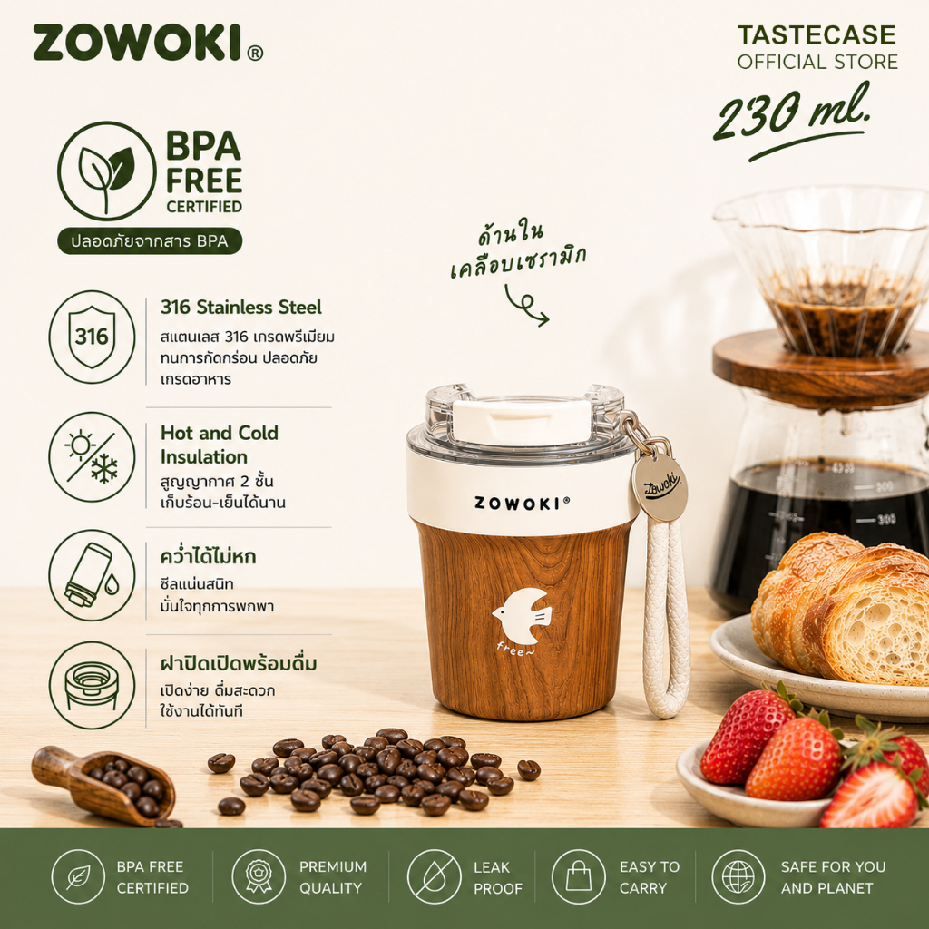 ZOWOKI SK-240 ml. แก้วกาแฟสแตนเลส 316 เคลือบเซรามิก Vacuum Cup เก็บร้อน-เย็น ฝาเปิดดื่ม BPA FREE