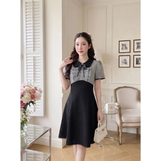 FW91R3 Alicia Dress ชุดเดรสสั้น ตัดต่อใต้อกท่อนบนผ้าทอทวิตลายตารางสก๊อตสลับสี ปกบัว ผ้าฝ้ายทอด๊อบบี้ลายจุดแต่งลูกไม้รอบป