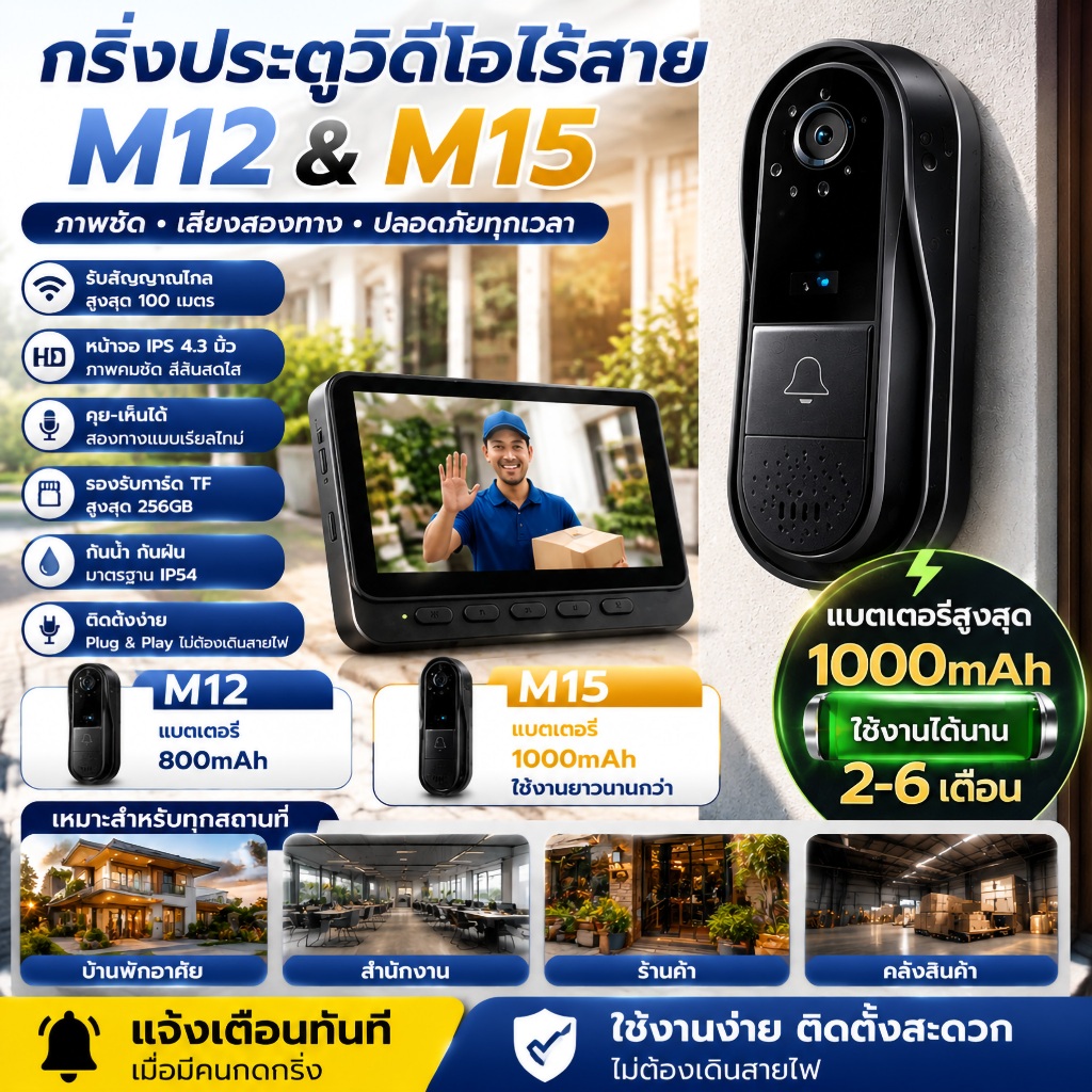 ออดประตูไร้สาย พร้อมกล้อง และวิดีโออินเตอร์คอม พร้อมหน้าจอ สําหรับบ้าน เวอร์ชั่นกลางคืน สองทาง ระยะไกล 4.3 นิ้ว ระยะไกล