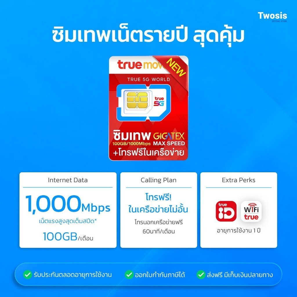 [เบอร์มงคล เบอร์สวย A+] ซิมเทพทรู MAX 100GB เน็ตแรงแม็คสปีด พร้อมโทรฟรี อายุการใช้งาน 1 ปี ไม่ต้องจ่ายรายเดือน By TWOSIS