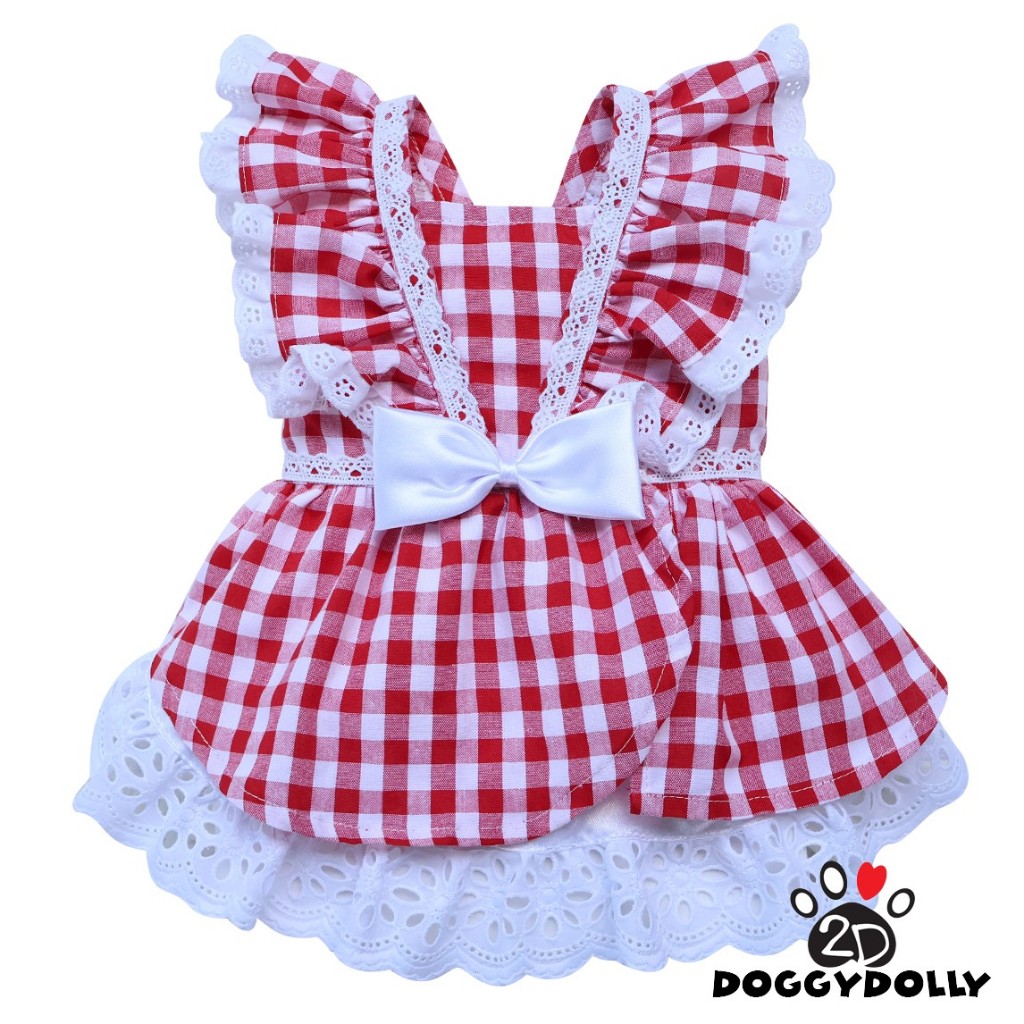 Pet clothes -Doggydolly เสื้อผ้าแฟชั่น น้องหมาน้องแมว ชุดกระโปรง แขนกุด สก๊อตสีแดง ขนาดไซส์ 1-9โล D023