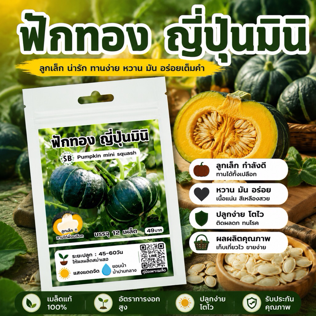 เมล็ดฟักทองญี่ปุ่นมินิ กินอร่อย-ลูกเล็กทานได้ทั้งลูกำ  [บรรจุ 1ซอง/12 เมล็ด] /// SBfarm