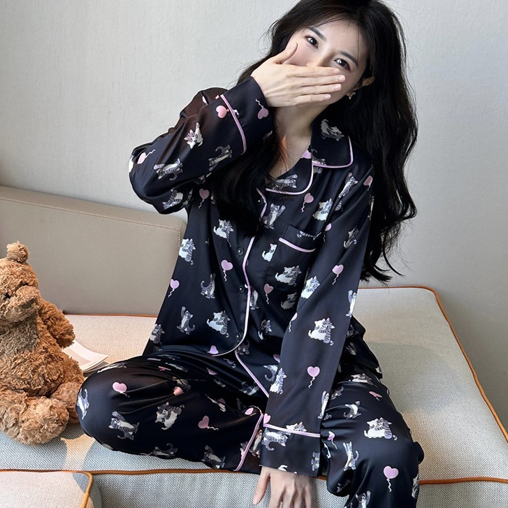 🌺(ราคาที่ถูกที่สุด)l0fum5zlayชุดนอนสไตล์ยุโรปและอเมริกาใหม่ล่าสุด，ผ้าซาติน， คอวีเรียบหรู， ขายาว+ท่อนบน，M-2XL