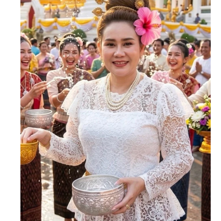 เสื้อลูกไม้ไทยประยุกต์ร.5แขนยาวแต่งไหล่ระบาย