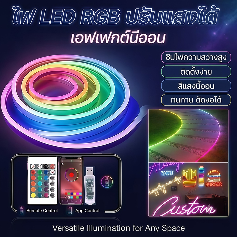 แถบไฟนีออน LED USB 5V กันน้ำ IP65 ควบคุมด้วยแอปรีโมท ซิงค์เสียงเพลง ปรับ100โหมด ติดตั้งง่าย สำหรับตกแต่งห้องเกม ผนังบ้าน
