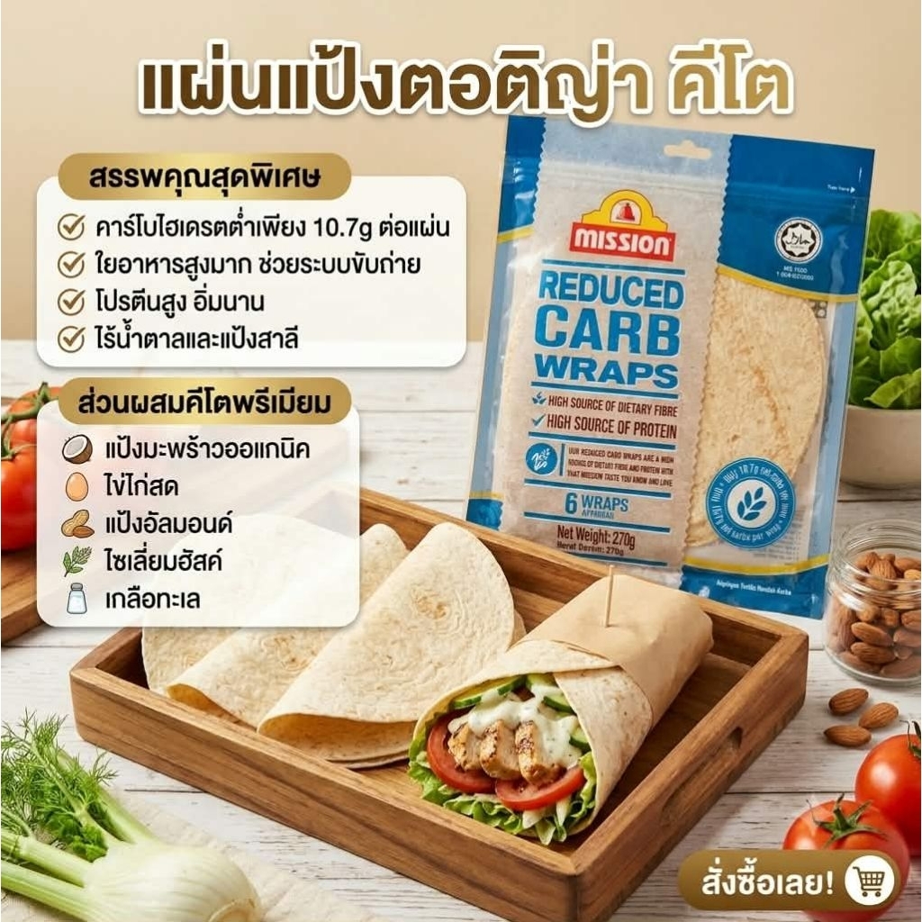 แป้งแร็ป Mission Wraps 360g แป้งน้อย สูตรคีโต คลีน สะดวกพร้อมใช้