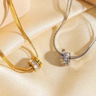 LC+สร้อยคอผู้หญิงสองชั้น จี้วงแหวนโรมัน 316L ไทเทเนียมสแตนเลส ไม่ลอกไม่ดำ กันน้ำ แฟชั่นมินิมอล