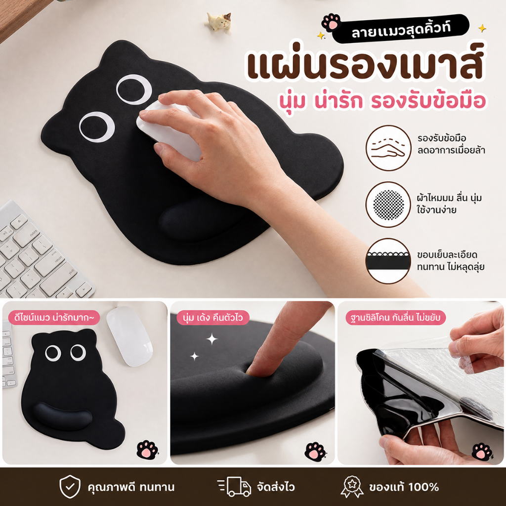 แผ่นรองเมาส์พร้อมที่รองข้อมือ ลายแมวน่ารัก เมมโมรี่โฟม 23x25cm