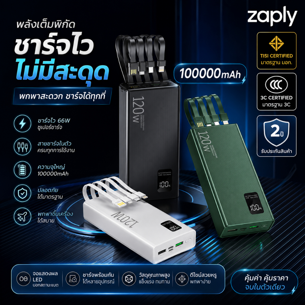 ZAPLY พาวเวอร์แบงค์ 100000mAh แบตสำรอง พร้อมจอแสดงผล LED มีสายในตัว รองรับชาร์จเร็ว พกพาสะดวก ใช้ได้กับทุกรุ่นทุกยี่ห้อ