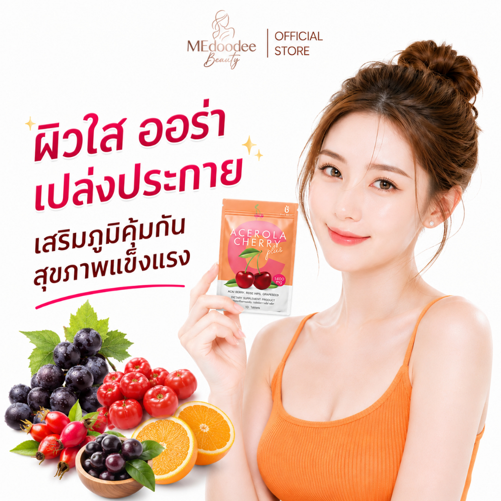Acerola Cherry Plus อะเซโรล่าเชอรี่ พลัส ผิวใสสว่างออร่ามาพร้อมกับสุขภาพที่ดี 1ซอง(10เม็ด)