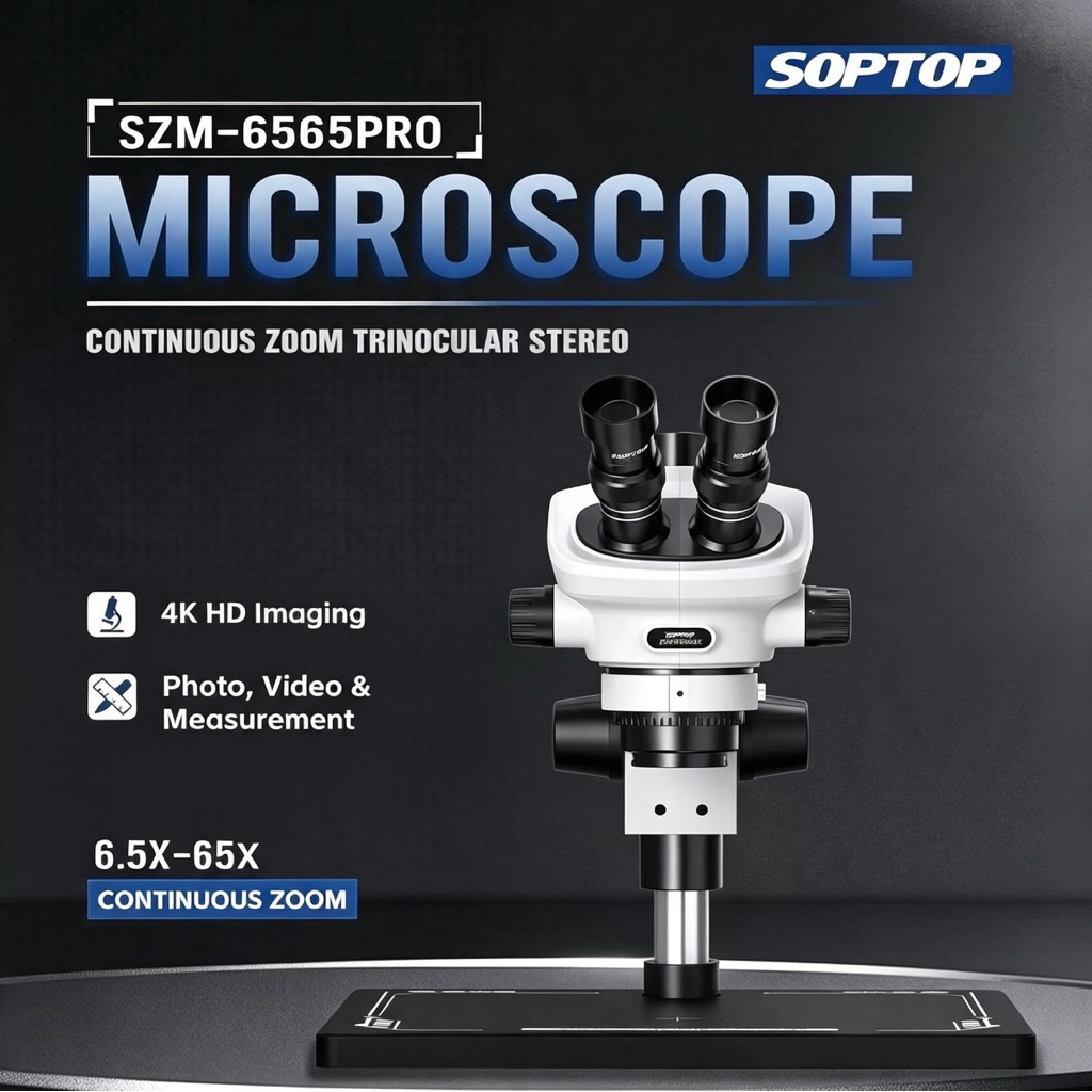 กล้องจุลทรรศน์สามตา SOPTOP 6565Pro - S กำลังขยาย 6.5-65 เท่า เหมาะสำหรับซ่อมโทรศัพท์มือถือ และซ่อมอุ