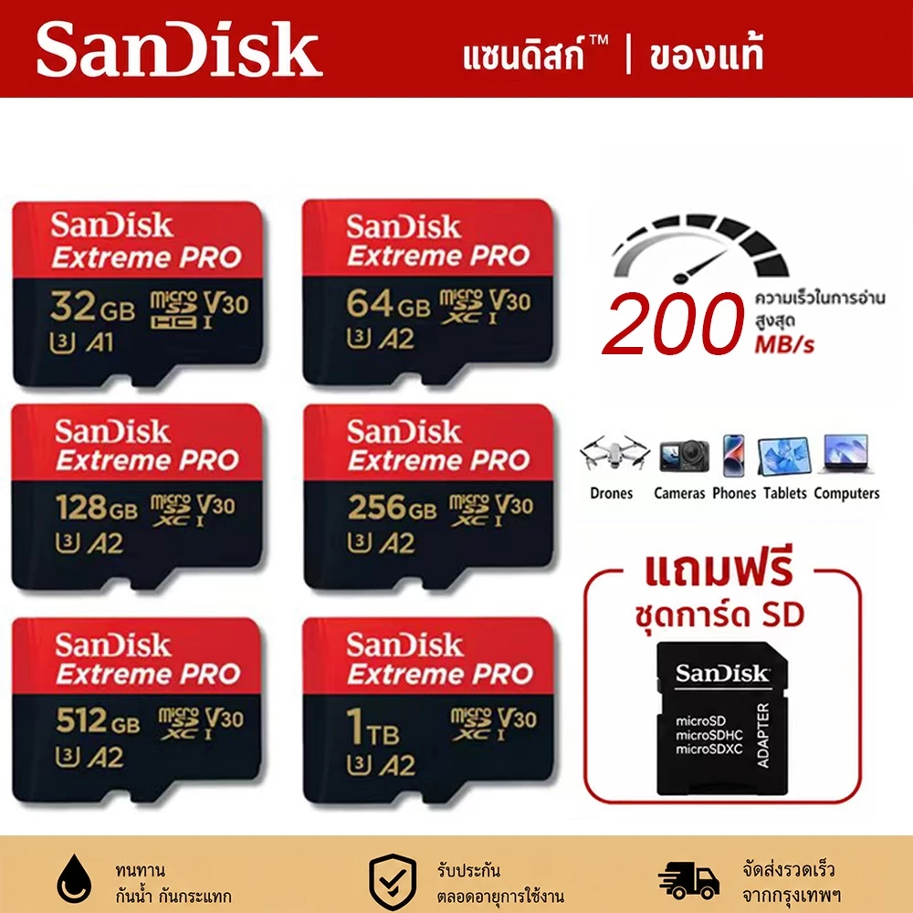SanDisk Extreme Pro microSDXC 32GB-1TB A2 (SDSQXCD-32GB-1TB-GN6MA) ความเร็วสูงสุด อ่าน 200MB/s เขียน 140MB/s