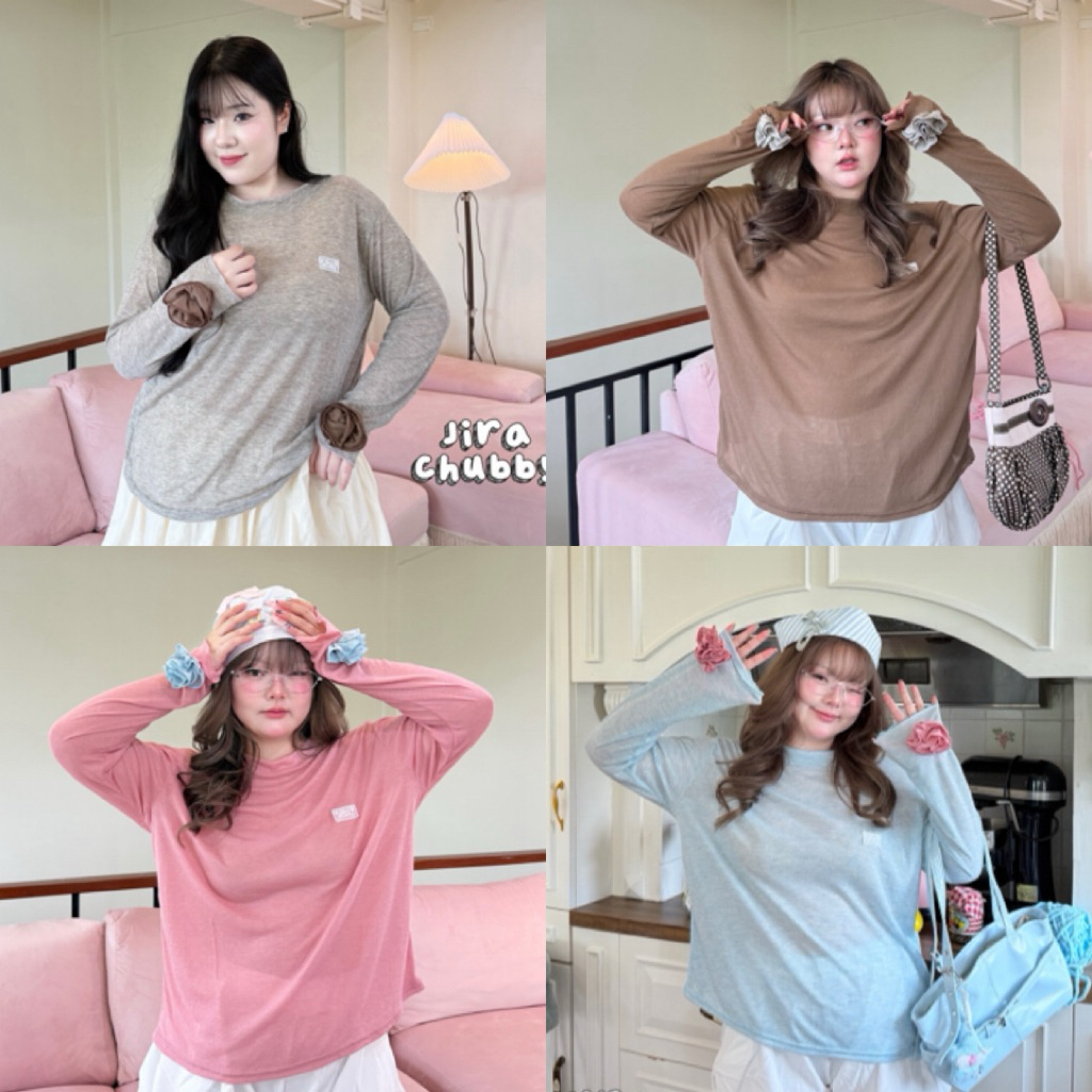 JR เสื้อแขนยาวคอกลม ดีเทลติดกุหลาบ ฮิตสุดๆงานOversize ผ้านิ่ม ยืดเยอะ