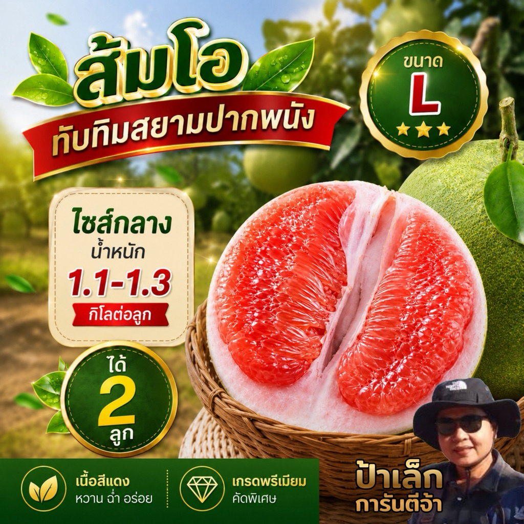 ส้มโอทับทิมสยามปากพนัง ไซส์ L  2ลูก  น้ำหนัก 1.1- 1.3 กก./ต่อลูก จากสวนป้าเล็กขี้ลืม