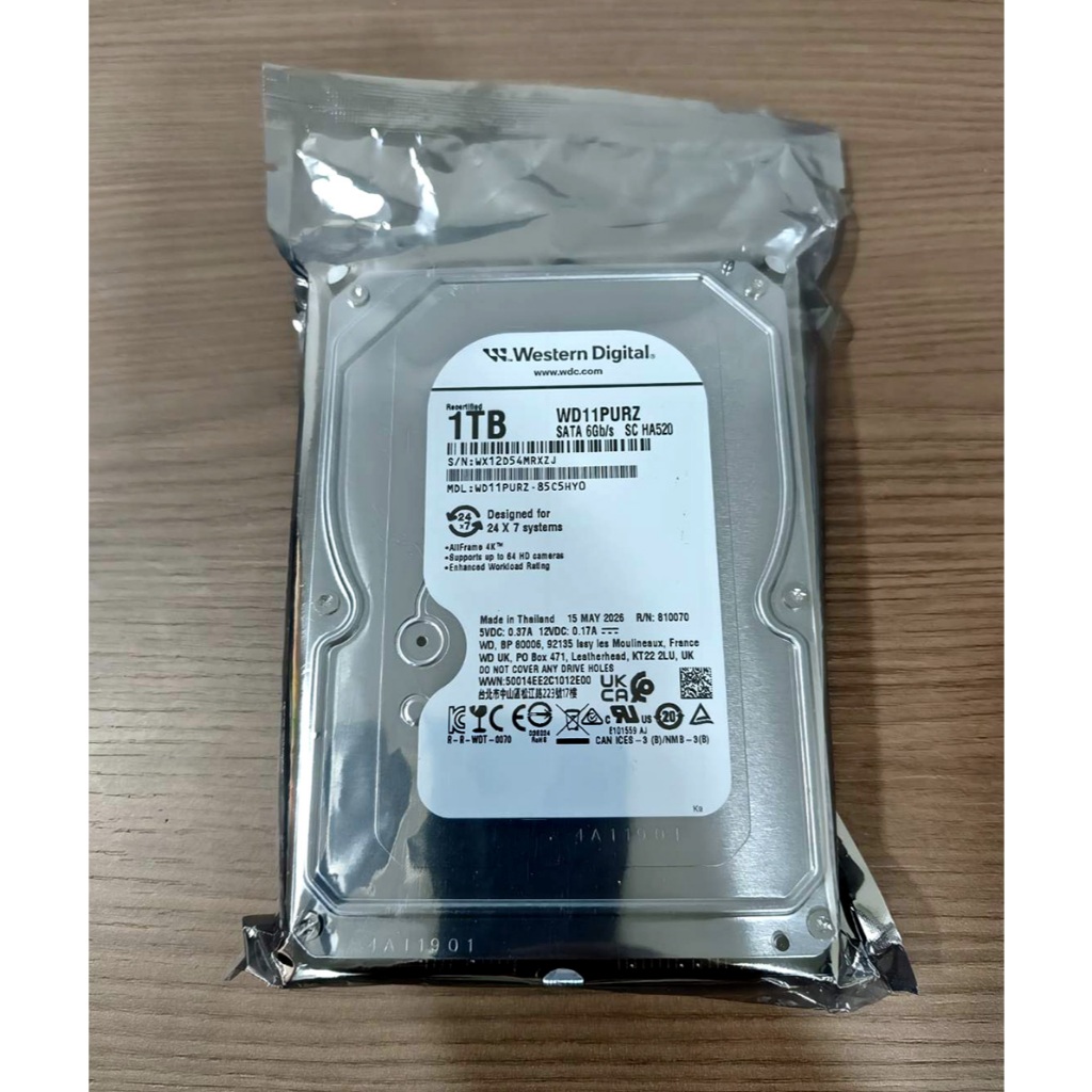 WD PURPLE 1TB WD11PURZ Recertified CCTV Harddisk สำหรับกล้องวงจรปิด ประกัน SYNNEX ถึง 20/11/2571