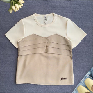 Glucoat | [A878] เสื้อยืดแขนสั้นสีครีม แต่งระบายจับจีบ ปัก glucoat