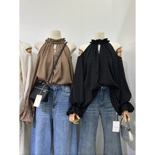 เสื้อแขนยาวลายจุดครีม-ดำ