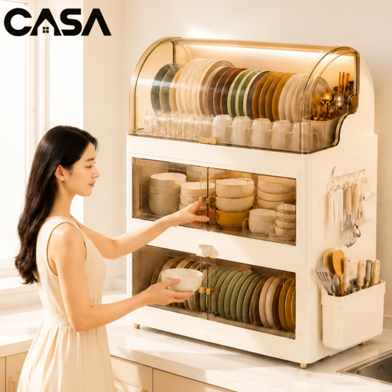 CASA ตู้ตู้คว่ำจานและเก็บจาน 2in1 1–4 ชั้น COD ความจุขนาดใหญ่ กันฝุ่น กันแมลง สำหรับห้องครัว