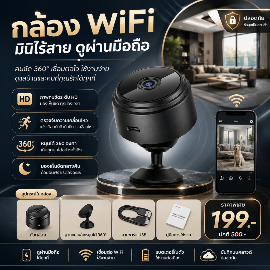 กล้อง WiFi ขนาดเล็ก HD ดูผ่านมือถือแบบเรียลไทม์ กล้องจิ๋วไร้สาย มองเห็นกลางคืน ตรวจจับการเคลื่อนไหว 