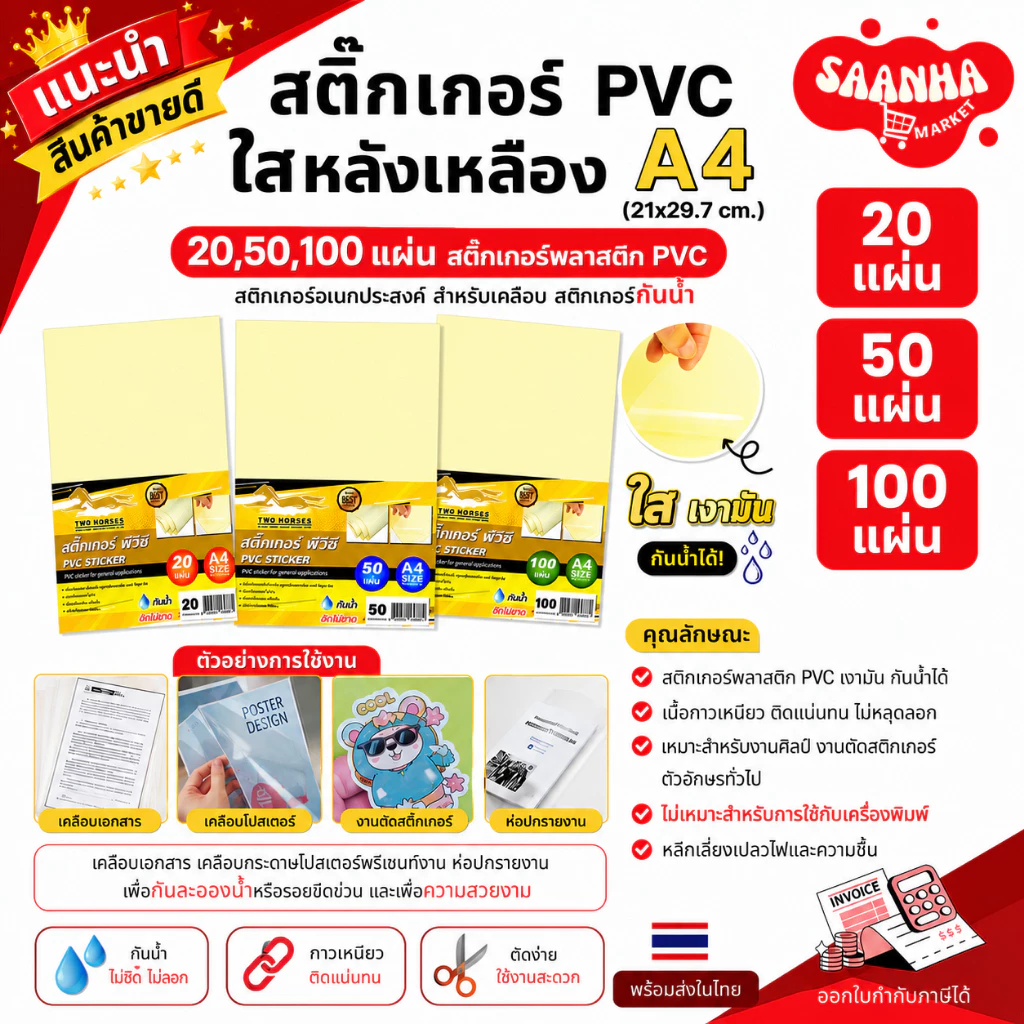15.15สติ๊กเกอร์PVC ใสหลังเหลือง A4(21x29.7cm.)20,50,100แผ่น สติ๊กเกอร์พลาสติกพีวีซี,สตก.อเนกประสงค์ สติ๊กเกอร์กันน้ำ