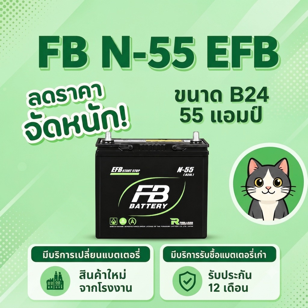 แบตเตอรี่รถยนต์ FB รุ่น N55 / EFB 55 Ah. พร้อมใช้ ไม่ต้องเติมน้ำ สำหรับรถเก๋งที่มีระบบ ISS