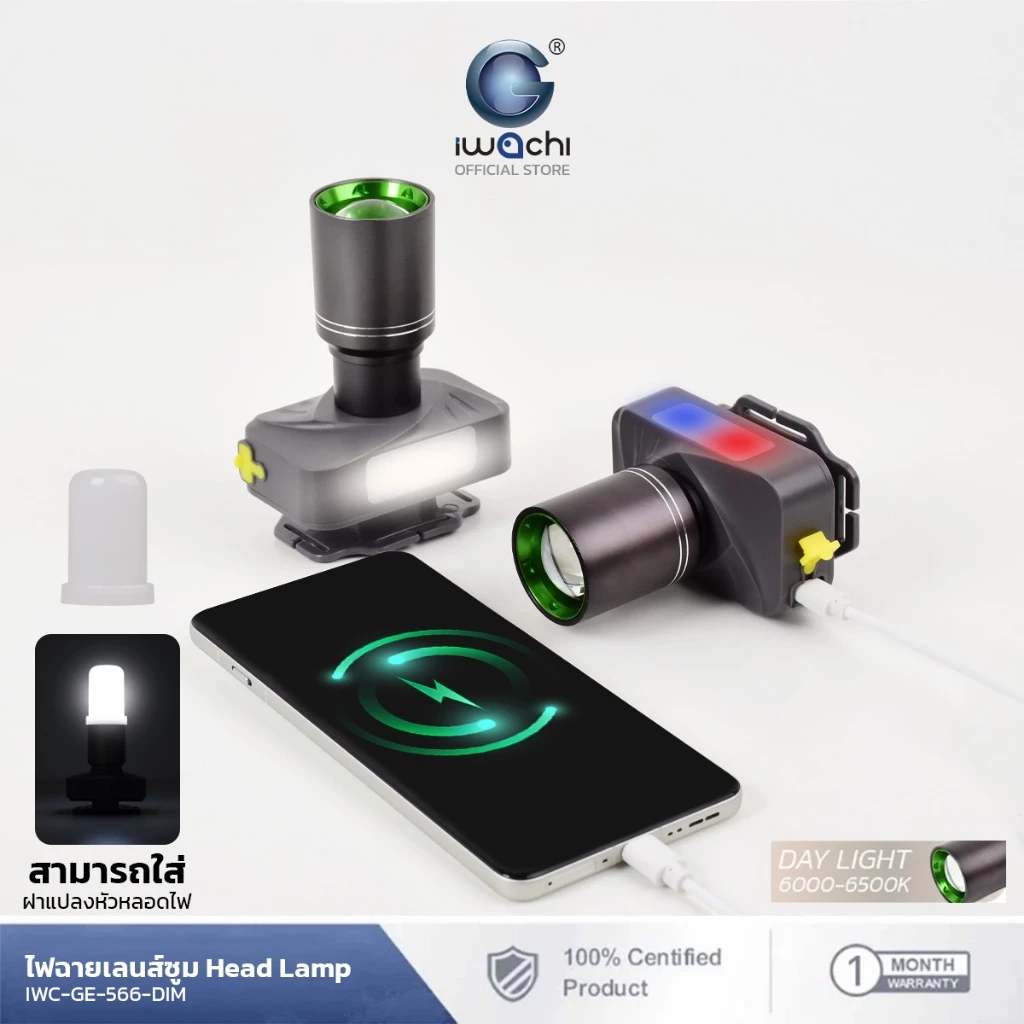 IWACHI หน้าไฟฉายคาดหัว with powerbank ZOOM ได้หรี่ไฟได้ แสงไฟสีขาว ชาร์จมือถือได้