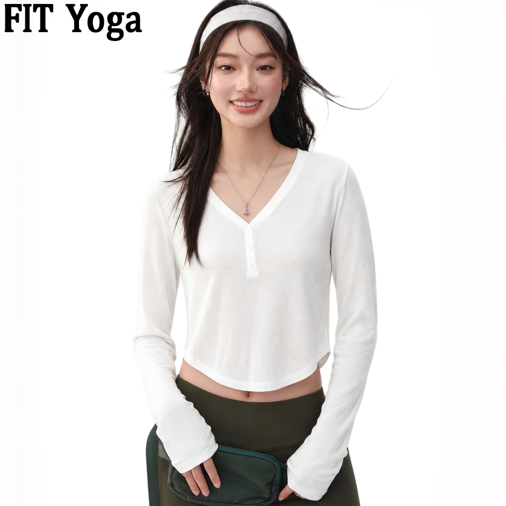 FitYoga เสื้อกันแดดหญิงตัวหลวมเนื้อบางเย็นสบาย รุ่นซัมเมอร์ คอวีแขนยาว โชว์เอว แบบเบาโปร่ง