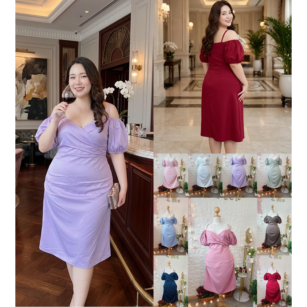 เดรสสาวอวบ ทรงไขว้อก ปาดไหล่มีดีเทลสายเดี่ยว ซิปหลัง สวยหรู ใส่ได้หลายโอกาส พลัสไซส์ ชุดออกงาน เดรสออกงาน เดรสงานแต่ง LN