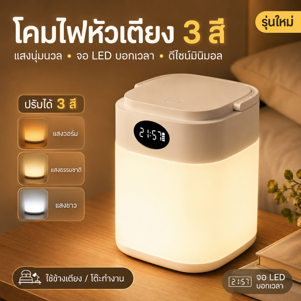 YAKO โคมไฟหัวเตียง โคมไฟข้างเตียง 3600mAH พร้อมการแสดงเวลา ตัวแปรสามสี