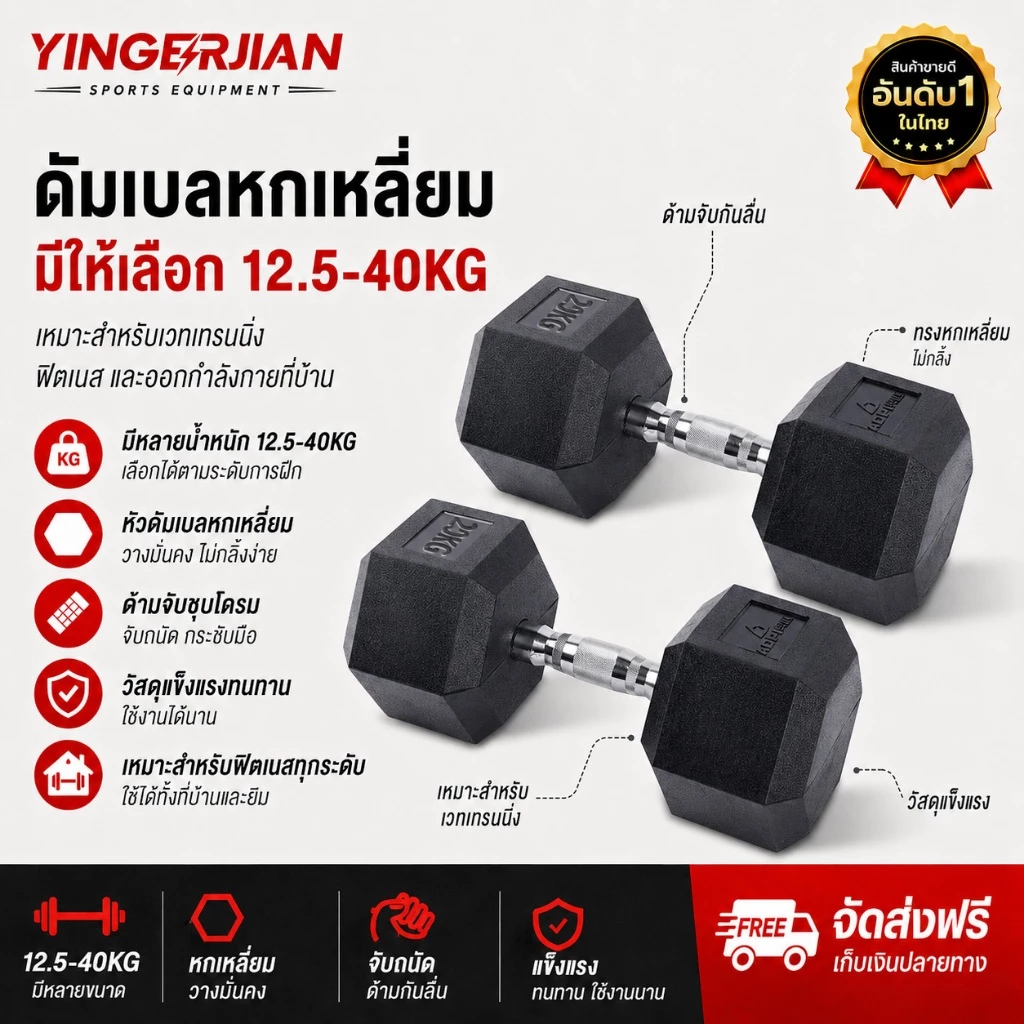 ดัมเบล 12.5-20KGดัมเบลยาง เดี่ยวๆ ดัมเบลปรับน้ําหนัก ใหม่ ดัมเบลหัวยางแบบหกเหลี่ยม อุปกรณ์ออกกำลังกาย ที่มือบีบ dumbell