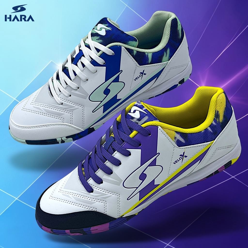 (HARAลิขสิทธิ์ )ไซส์ 34-45 รองเท้าฟุตซอลรุ่น Velo-X หนังอัดลาย พื้นคาโม่ เดินด้ายเย็บหัว