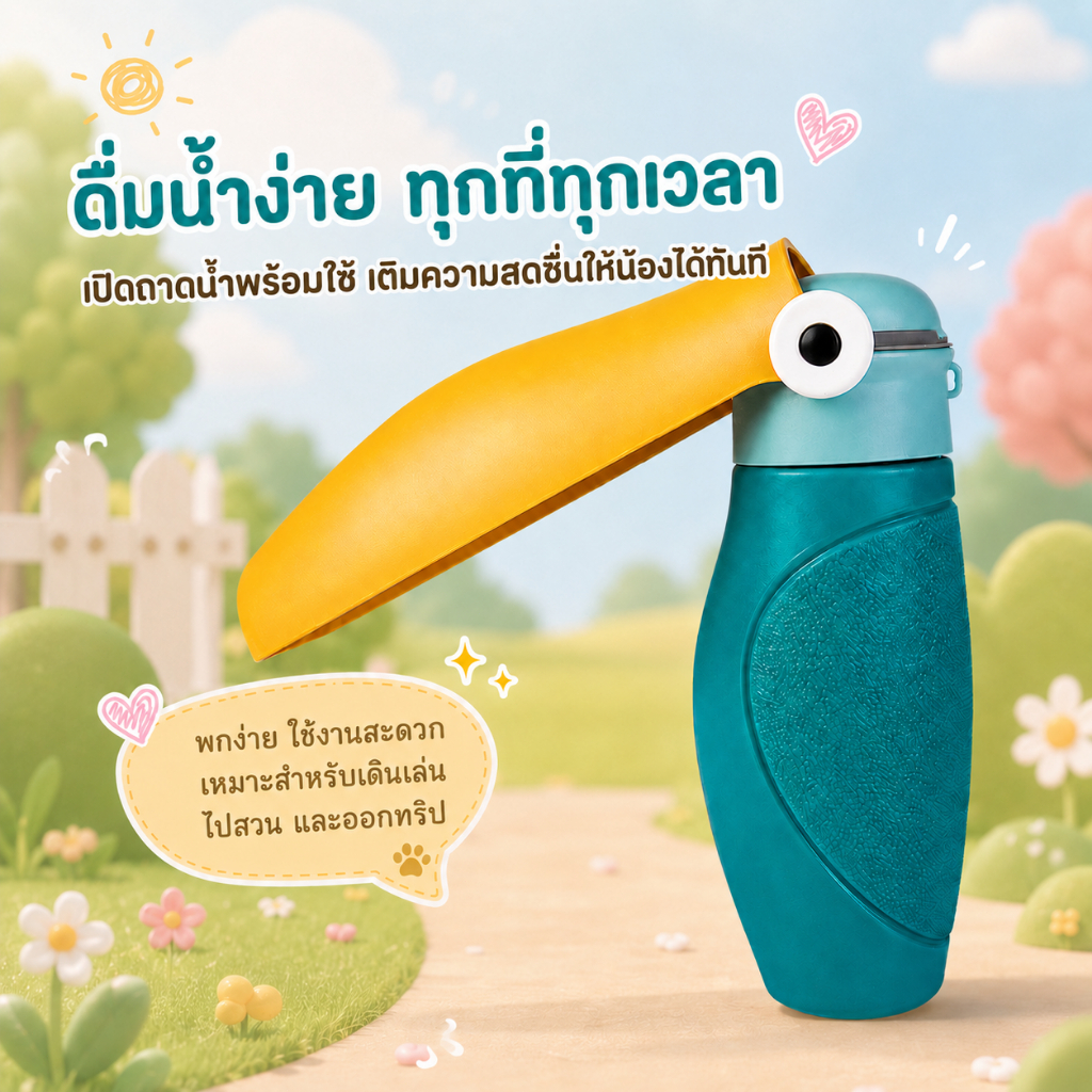 ขวดน้ำสุนัขพกพา ที่ให้น้ำสัตว์เลี้ยงแบบพกพา รางน้ำปากกว้าง พับเก็บได้ พร้อมสายคล้อง 250/480 มล. HeyHooman