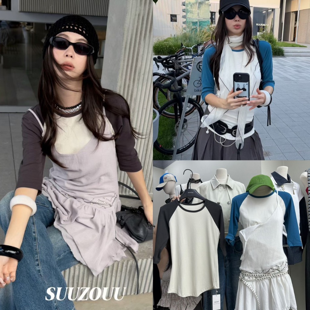 🧵🧡 🇰🇷 SU566 Raglan T-Shirt แขนสามส่วน ดีไซน์คลาสสิก แมทช์กับยีนส์ กระโปรง หรือคาร์โก้ แฟชั่นเกาหลี TAG MM Fish ✈