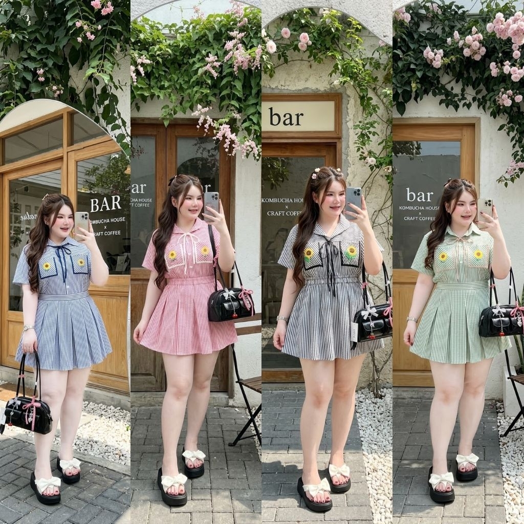 เซ็ตริ้วปักดอกทานตะวันสาวอวบ เสื้อ+กระโปรง(ซับในลูกไม้) งานสวย สาวอวบต้องมี