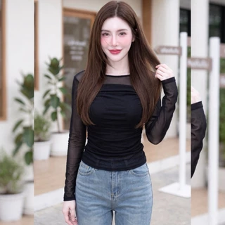 สินค้าพร้อมส่ง เสื้อแฟชั่น ผ้าซีทรูพรีเมี่ยม แขนยาว แต่งเลเยอร์จับจีบข้าง ทรงสวยรัดรูป ใส่สบาย ดีไซส์สวย เรียบหรู