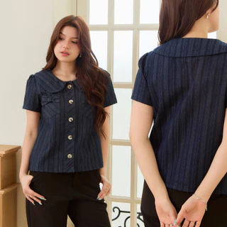 Glucoat | [A869] เสื้อยีนส์คอบัวแขนสั้น กระเป๋าโบว์หน้า กระดุมหน้าใช้งานได้จริง