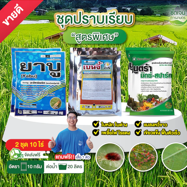 ชุดปราบเรียบ สูตรพิเศษใบหงิกใบด่างเพลี้ยไฟเพลึ้ยแฟ้งในมันสำปะหลัง 1 ชุด 5 ไร่