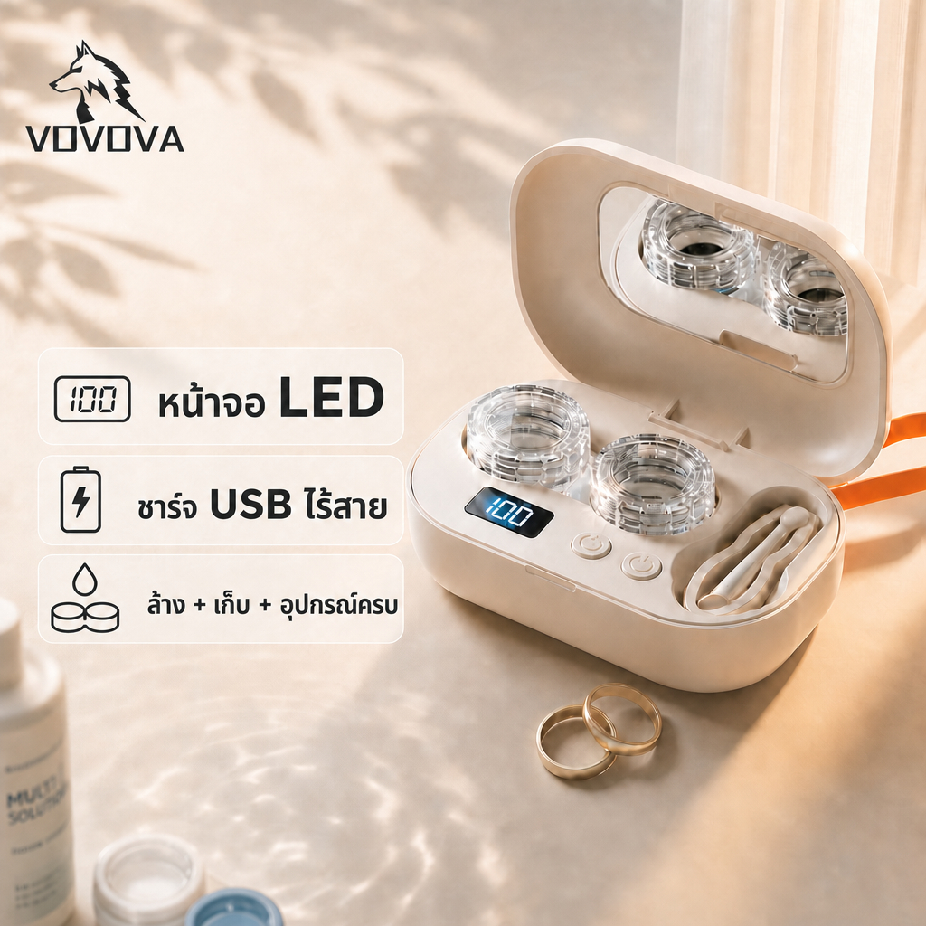 VOVOVA เครื่องล้างคอนแทคเลนส์ อัลตราโซนิก (Ultrasonic) ไร้สาย มีหน้าจอ LED + ตลับ/กระจก/ที่คีบ พกพาส