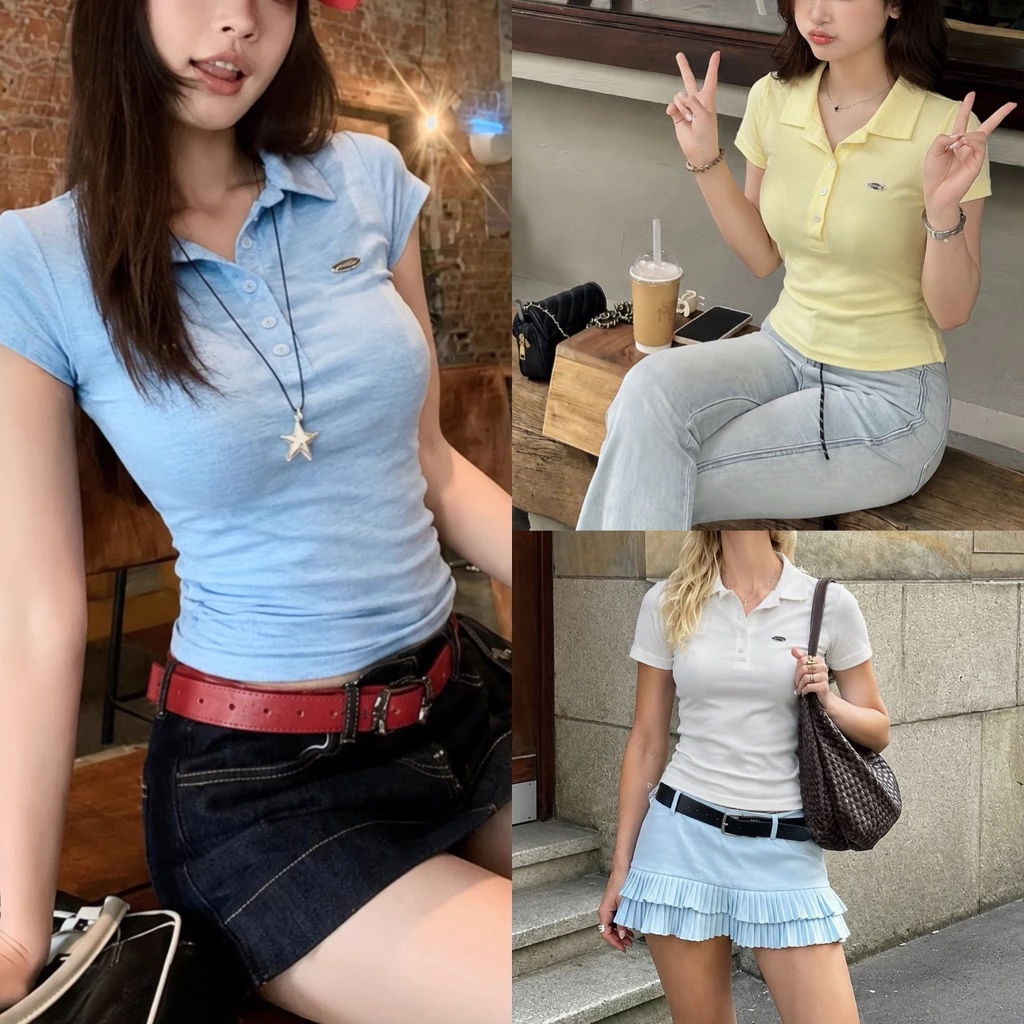 MIA TOP - เสื้อโปโล คอปกแขนสั้น ผ้าสลาฟพรีเมียม ผ้ายืดหยุ่นใส่สบาย ติดอะไหล่ป้ายเหล็กโลโก้ - ( มี-อา )