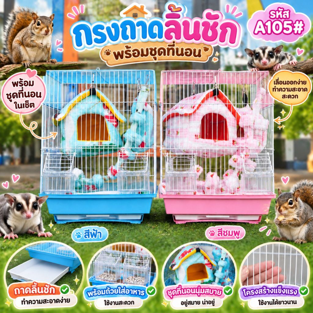 กรงชูการ์ไกลเดอร์พร้อมชุดที่นอน ถาดลิ้นชัก ถ้วยอาหาร 2 ใบ สำหรับกระรอก นกแก้ว A105