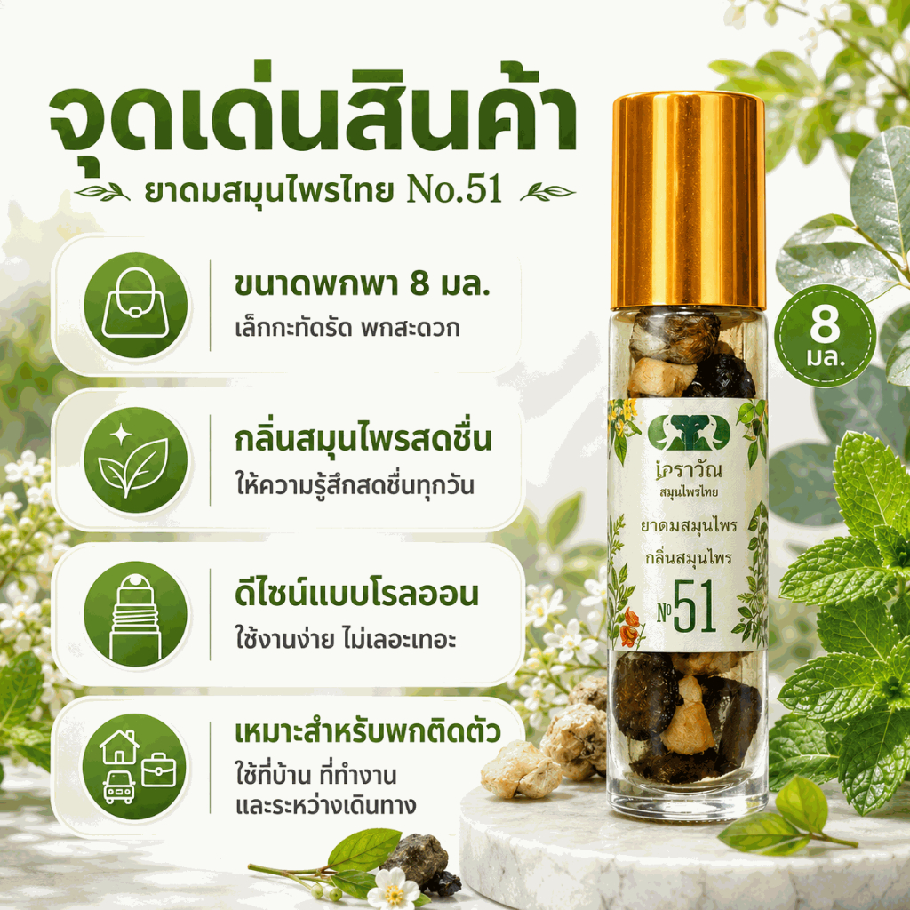 ยาดมสมุนไพรแบบน้ำ Erawadee No.51 ลูกกลิ้ง 5 มล. เมนทอล ยูคาลิปตัส และการบูร