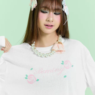 Bemingtop1244(S-M) - Rosie Top - เสื้อยืดแขนยาวดีไซน์เรียบดีเทลลายดอกกุหลาบ BEMING