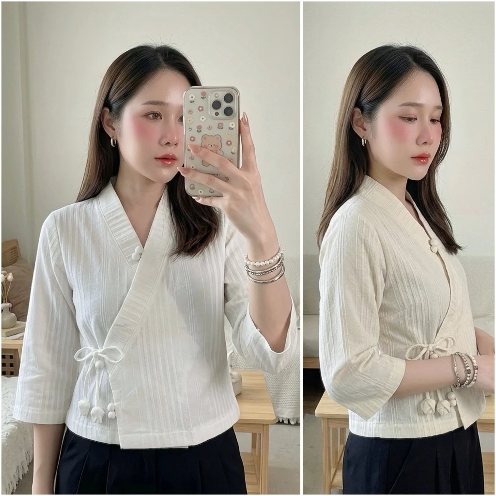เสื้อผ้าฝ้ายด๊อบบี้ เสื้อทรงป้ายเจ้านาง ผูกโบว์ดอกกุหลาบ เนื้อนุ่มใส่สบาย ตัวผ้าทอลายนูนมีเอกลักษณ์