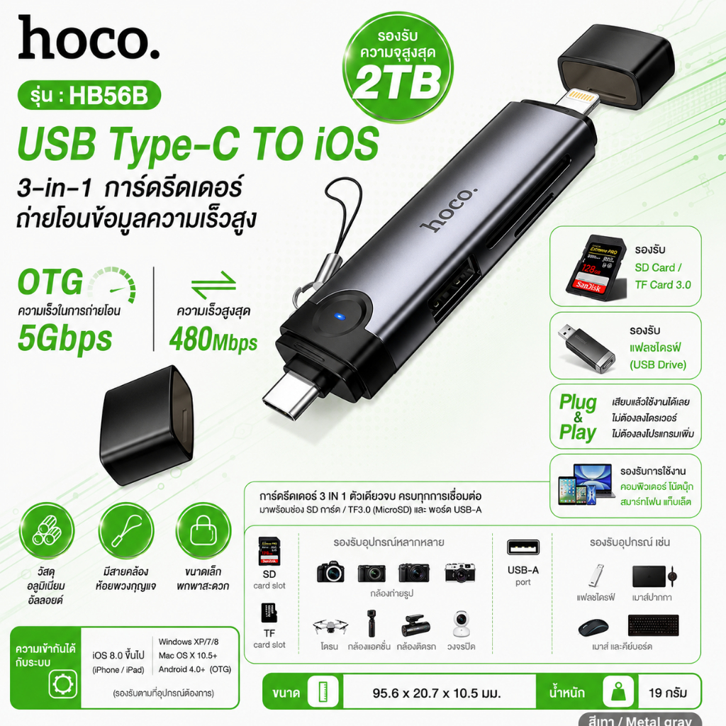 HOCO HB56B การ์ดรีดเดอร์ 2in1 OTG 5Gbps สำหรับType-C / ios รองรับ TF card, SD card, USB Flash drive
