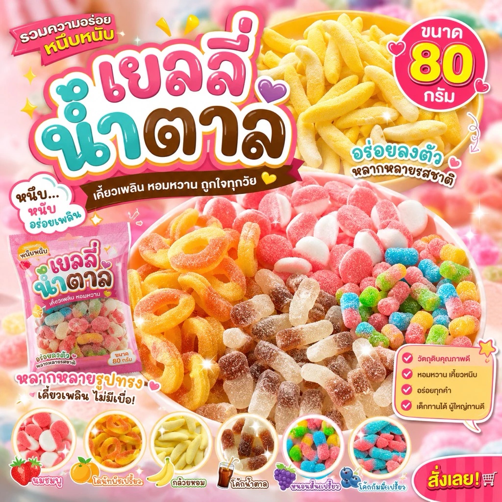 🍭เอาใจสายเยลลี่น้ำตาลกันหน่อย🍬 เยลลี่โทรลลี่ น้ำตาล มีให้เลือกหลายแบบ ขนาด 70-80 กรัมเคี้ยวเพลิน อร่อยทุกแบบค่ะ