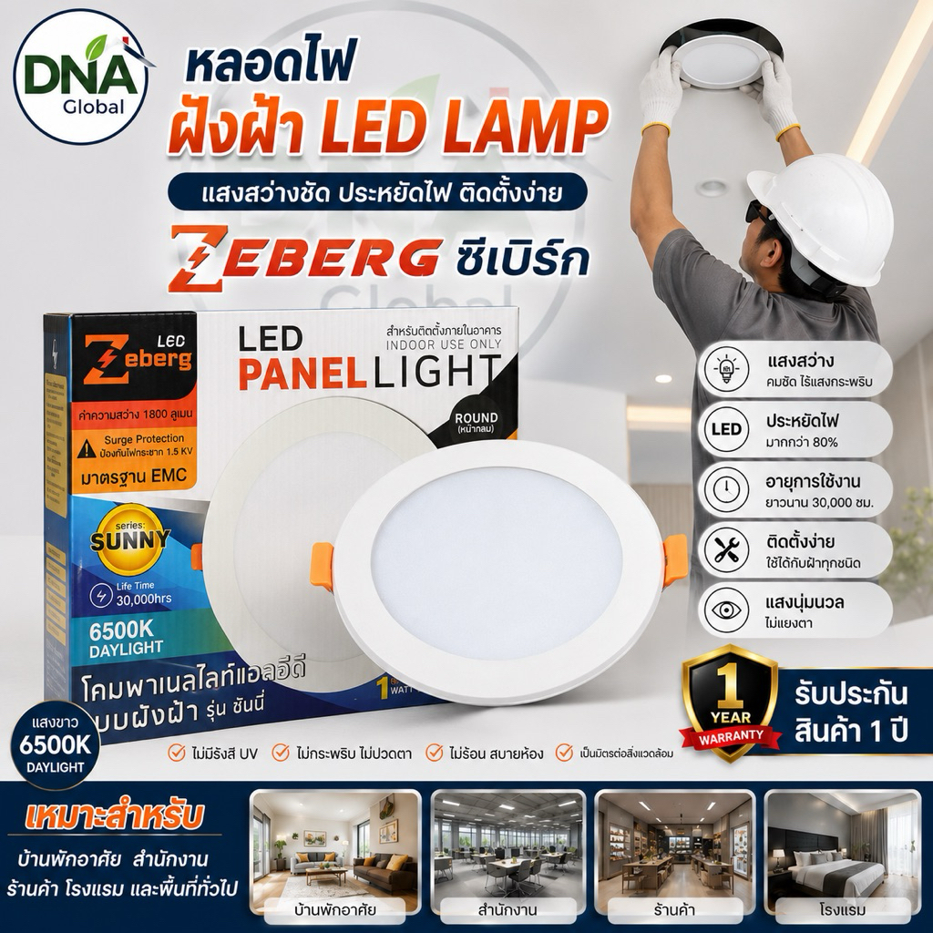 (1 หลอด ) Zeberg หลอดไฟฝังฝ้า โคมไฟฝังฝ้า แบบสลิม หลอดดาวไลท์