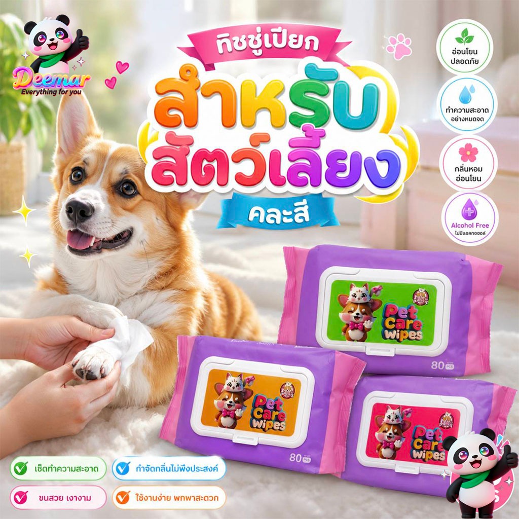 Deemar ทิชชู่เปียก Pet wipes สำหรับเช็ดสัตว์เลี้ยง ทิชชู่เปียกเช็ดทำความสะอาด จำนวน  80 แผ่น M-8003