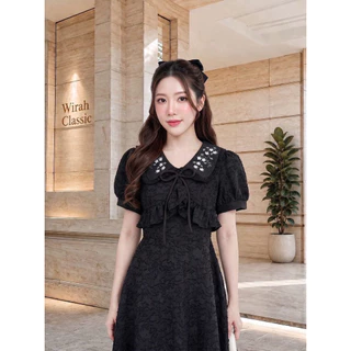 DW394 Britney Dress ชุดเดรสยาวทรงเข้ารูป ผ้าทอเบิร์นเอาท์ (Burnout Fabric) ปกบัวแหลมแต่งระบายรอบปกบนปกปักลายดอกไม้