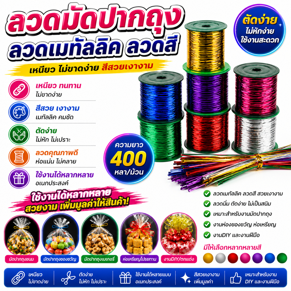 ลวดมัดปากถุง ลวดเมทัลลิค ลวดสีแฟนซี 400 หลา สำหรับมัดปากถุง ขนม ริบบิ้นลวด ห่อเหรียญโปรยทาน ดัดงอได้